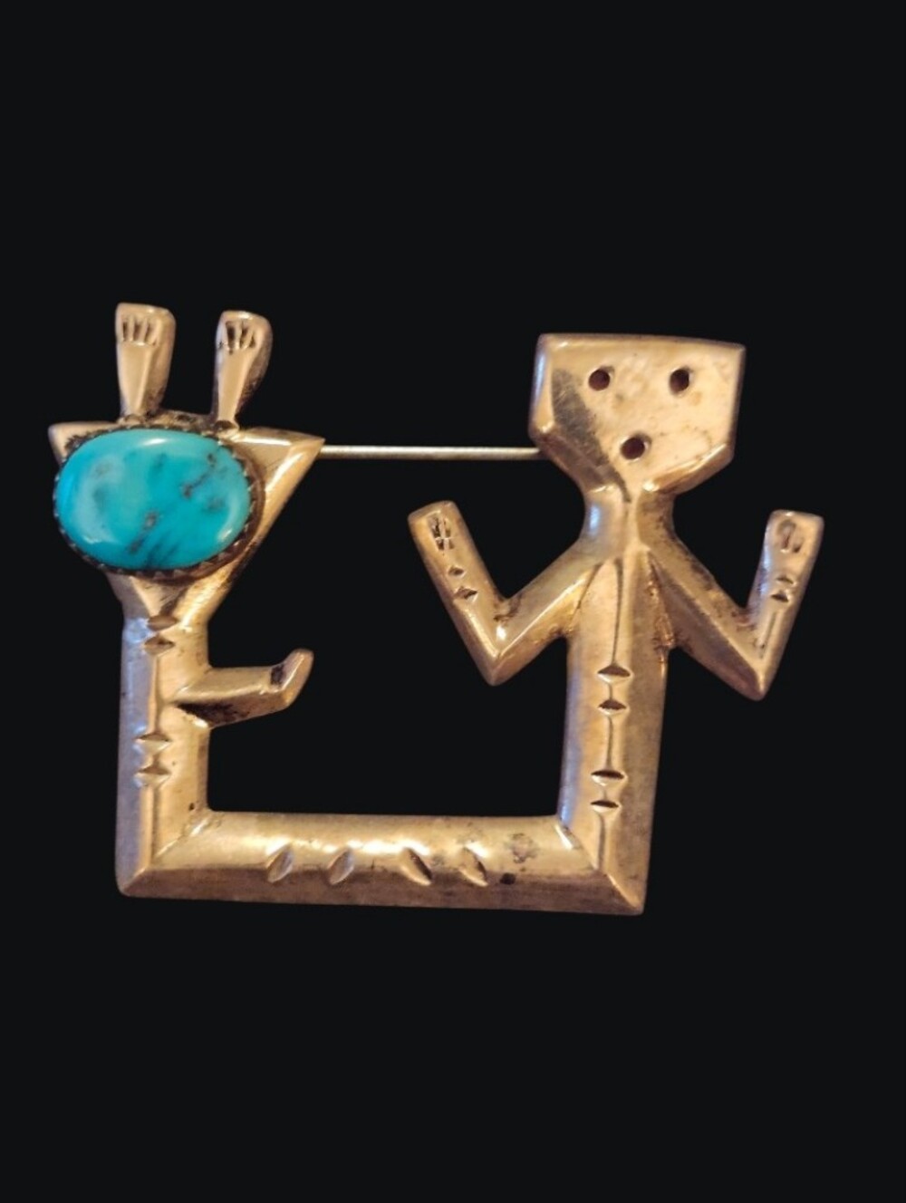 Turquoise Inlay Sterling Silver Tone Native American Figural Brooch Art Jeweley